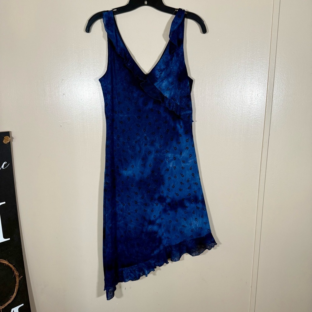 Vintage Jodi Kristopher Blue Jacquard Asymmetrical Slip Dress Ruffle Trim Small